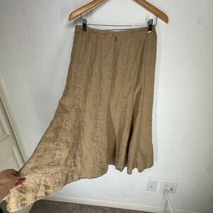 Talbots Irish Linen Skirt Womens 12 Tan Khaki Paneled A-Line Midi Back Zip 100%